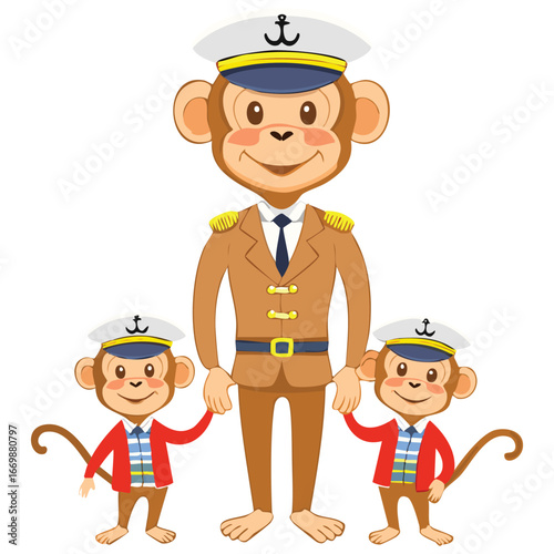 A brave and detailed character design of a monkey ship captain, ready to lead the crew on a long journey with a confident and adventurous expression.