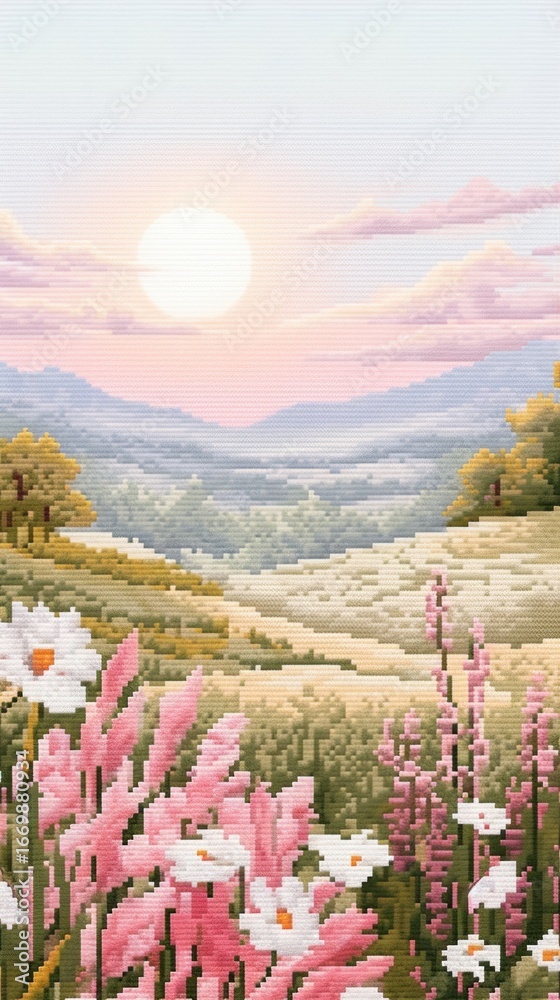 Fototapeta premium Cross stitch rabbit landscape nature flower.