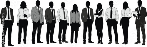 Diverse group of business professionals standing in formal attire, teamwork, corporate leadership, confident men and women, office environment, collaboration 
