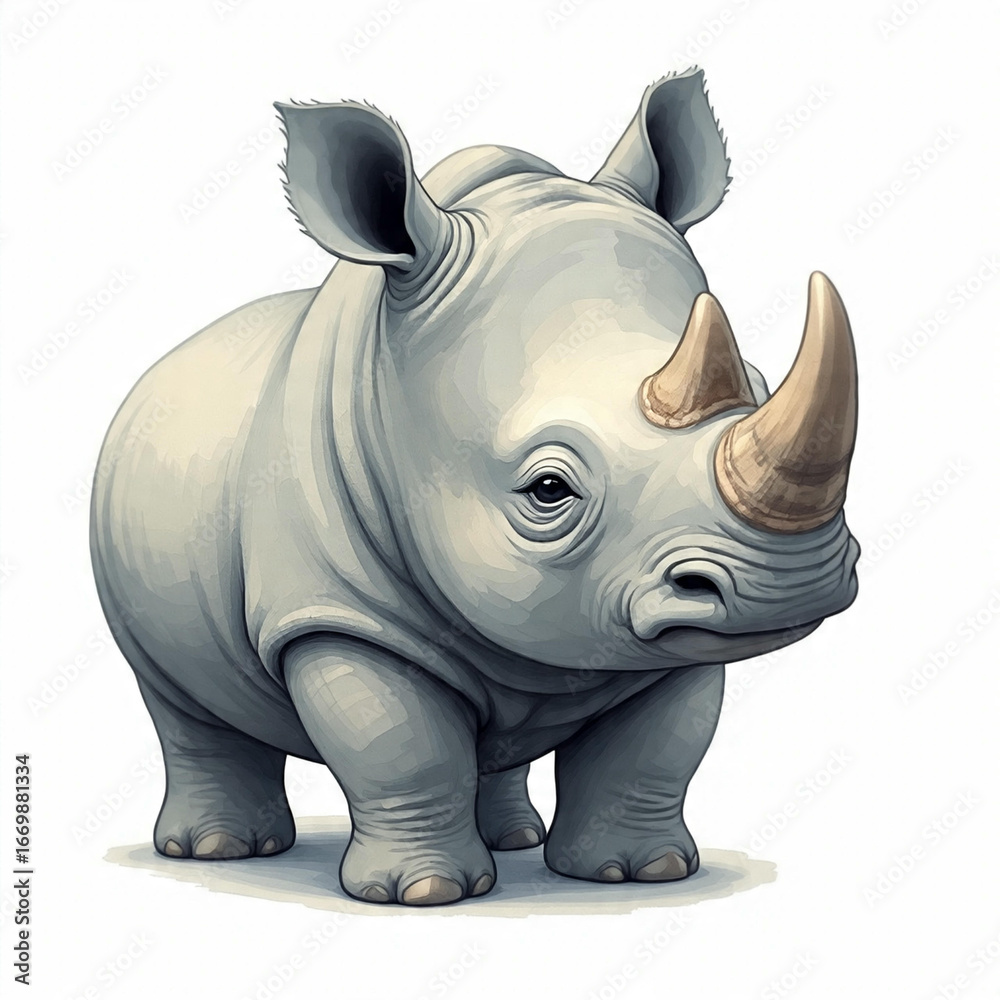 Fototapeta premium A gray rhino with a horn, cute watercolor illustration on white.