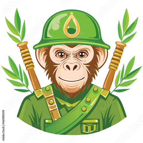 A brave and detailed character design of a monkey soldier, ready to serve with a confident and serious demeanor.