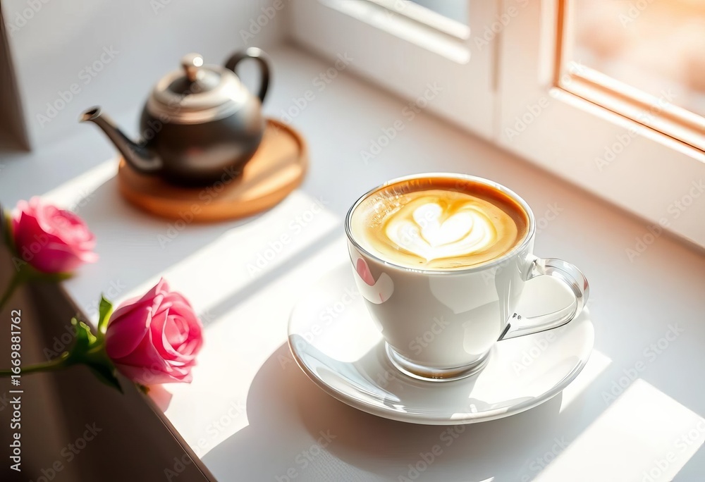 Fototapeta premium Creamy cappuccino in a cup, morning light on white table, coffee, table