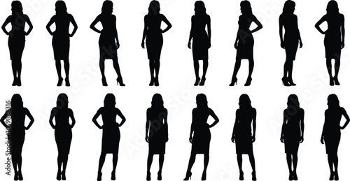 Silhouette collection of women standing in elegant pencil dresses, various confident poses, fashion style illustration for business, modeling, or creative projects