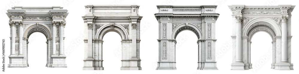 Fototapeta premium Grand archway set. Decorative white stone entrance structures on white background. Architectural elements.