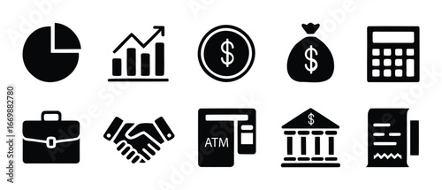 Black and white finance icon set featuring charts, dollar symbols, ATM, bank, calculator, handshake, and briefcase for economic visuals
