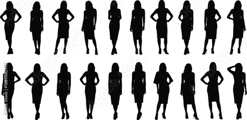 Silhouette illustration of confident women in pencil dresses, various poses, fashion female figures on white background, elegant style for creative vector use