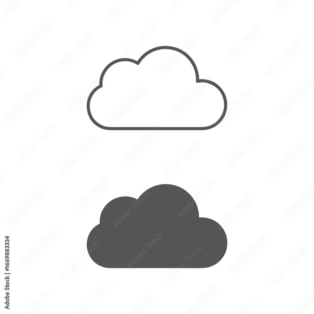 Two cloud icons, one outlined and one filled, representing weather or cloud computing. Two cloud icons, one outlined and one filled, representing weather or cloud computing.