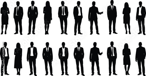 Silhouettes of business men and women in formal attire, standing confidently in various poses, corporate professionals, teamwork, leadership, business success concept on white background