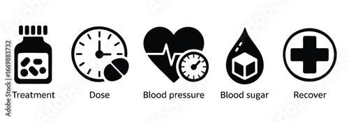 Black and white medical icon set featuring treatment, dosage timing, blood pressure, blood sugar, and recovery symbols for healthcare themes