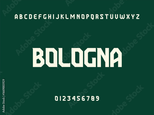 Robust and modern sans-serif font displaying "BOLOGNA" text, alphabet, and numbers on a dark green background.