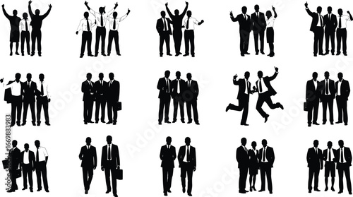 Silhouettes of business people group standing, walking, celebrating, discussing, jumping, wearing suits, teamwork, corporate environment