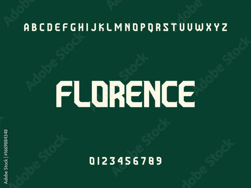 Modern bold display font featuring "FLORENCE" city name, alphabet, and numbers on a dark green background.