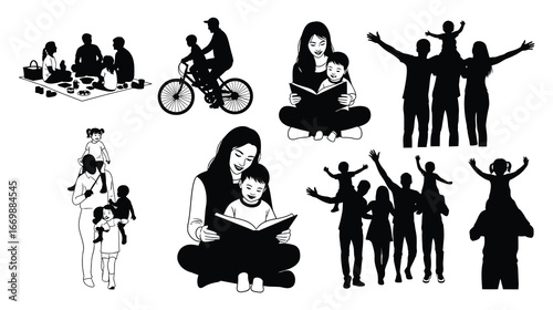 Silhouette illustration of family activities and bonding moments, isolated on white background