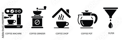 Black and white coffee-themed icon set featuring coffee machine, grinder, shop, pot, and filter—ideal for café, brewing, and barista visuals