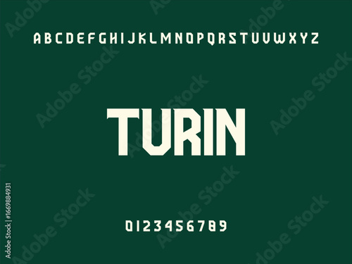 Geometric sans-serif font displaying "TURIN" with full alphabet and numerical characters on a dark green background.