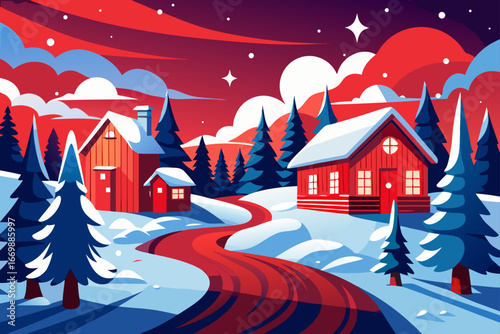 A snowy winter village at night with a full moon illuminating festive Christmas trees and cozy houses