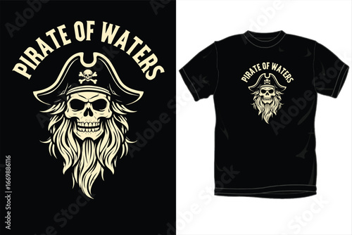 Pirate of Waters Skull T-Shirt Design - Bearded Captain, Hat & Adventure Graphic