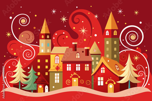 A vector illustration of a cozy Christmas night village scene with snow-covered houses and trees perfect for a holiday greeting card