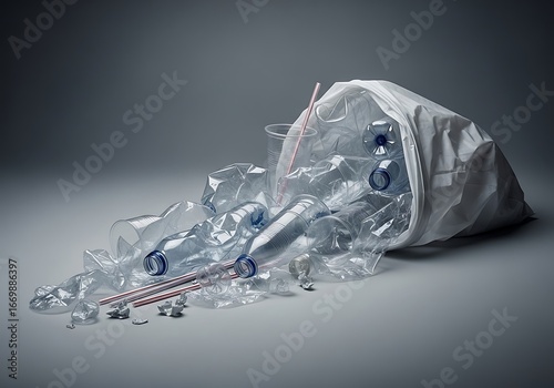 A collection of discarded plastic bottles, cups, and straws spilling from a white bag against a muted gray backdrop.