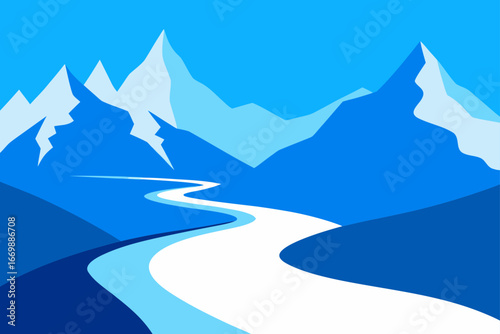 A cold, white winter mountain landscape with snow and ice, a scenic travel destination with high alpine peaks and a blue sky