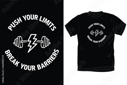 Push Your Limits Gym T-Shirt Design - Barbell, Lightning & Workout Motivation Graphic