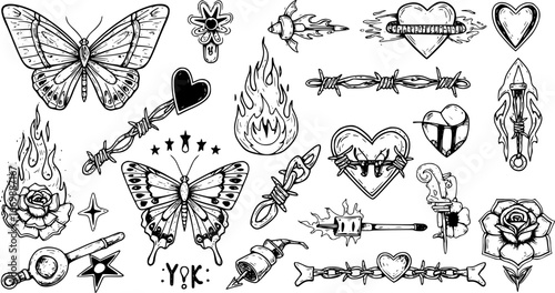 Tattoo art 1990s, 2000s. Y2k stickers. Butterfly, barbed wire, fire, flame, chain, heart and other elements in trendy psychedelic style. Vector hand drawn tattoo print. Black and white colors.