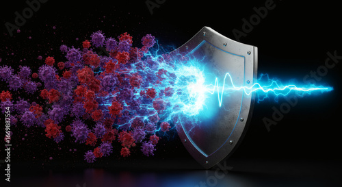 Conceptual illustration of a powerful shield deflecting a viral attack, symbolizing the body's immune system and protection against disease