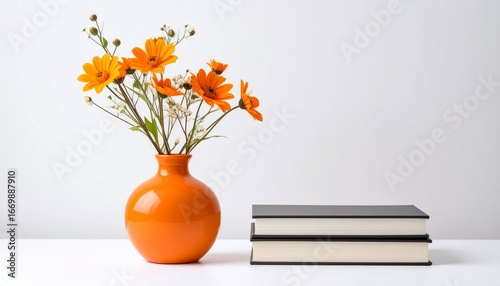 Bright orange vase with a bouquet of vibrant orange daisies and small white blossoms, placed beside two stacked hardcover books on a white background for a clean, cozy, and visually balanced 