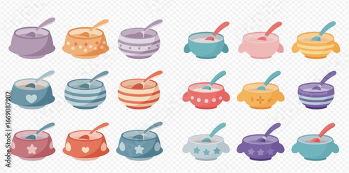 Collection of colorful bowls with spoons, filled with creamy substance, various patterns.