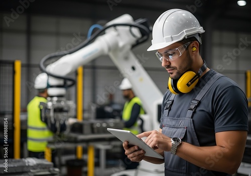 Industrial worker in a factory setting utilizes a tablet to monitor automated machinery.