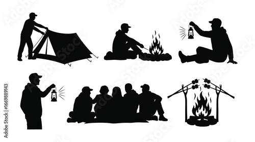 Silhouette of camping activity isolated on white background, featuring a tent, campfire, and people enjoying the outdoors