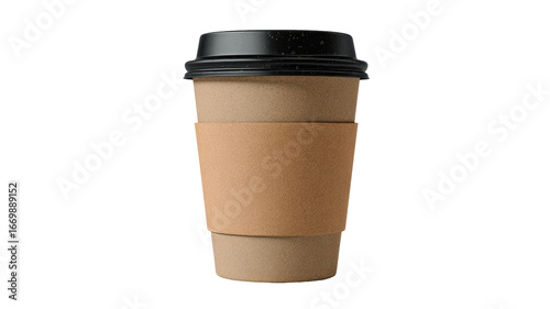 A disposable coffee cup, light brown paper, black lid, beige sleeve