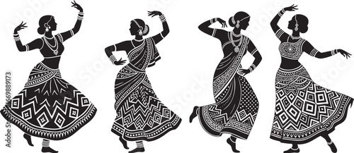 Elegant silhouette dancers celebrating cultural traditions with graceful movements in monochrome illustration, perfect for promoting vibrant heritage events