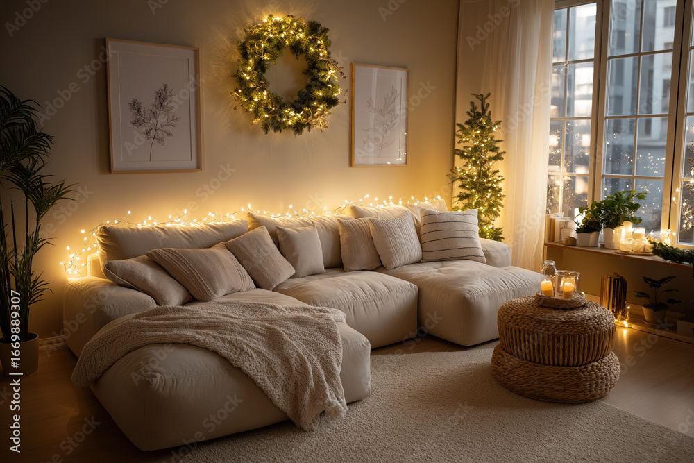 Fototapeta premium Modern Living Room with Subtle Holiday Decor, Fairy Lights and Wreath, Elegant Seasonal Lifestyle Setting
