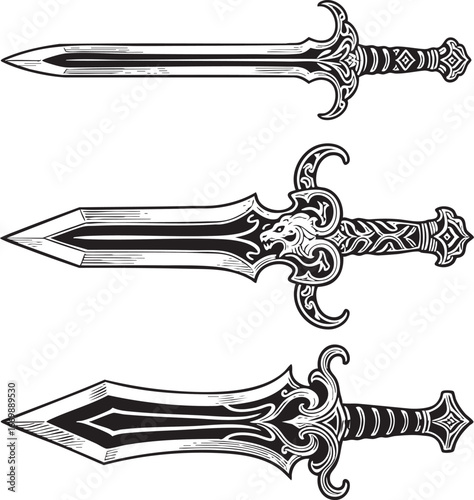 Epic fantasy sword designs, perfect for game development or graphic novels, evoking adventure and power in your creative projects, inspiring heroic tales