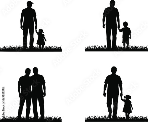 Silhouettes of fathers with children holding hands, walking, standing in grass, family love, parenting, fatherhood, bonding, togetherness, outdoor, nature, happy family moments