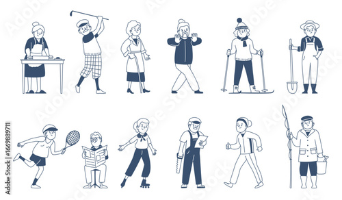 Old people hobby. Elderly characters play golf and tennis, reading newspaper, cooking, skiing, gardening. Seniors different hobbies, recent vector set