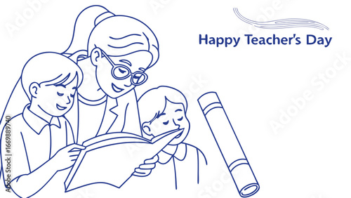 Vector art of teacher reading a book to two students, happy teachers day