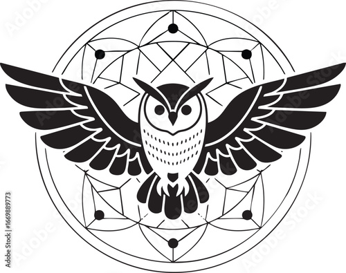 Striking owl illustration with mesmerizing geometric background for tattoo design or logo creation in monochrome elegance and mystical charm