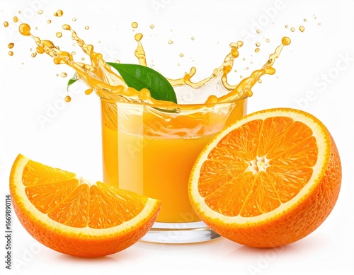 Fresh orange with juice splash isolated on white background creative design concept 