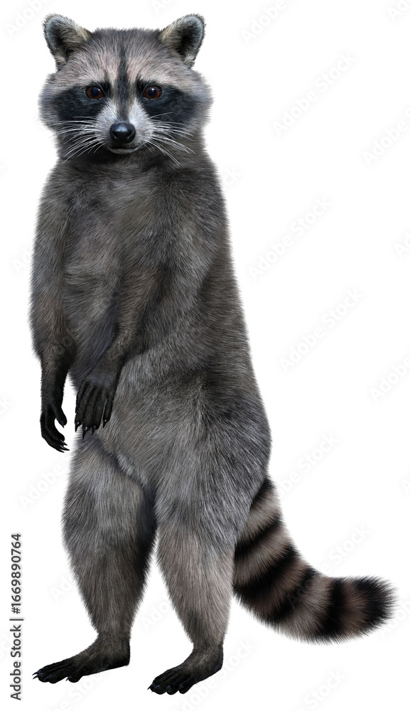 Fototapeta premium Common raccoon with a ringed tail stands on its hind legs and looks at us. 3d rendering on transparent background, no AI used