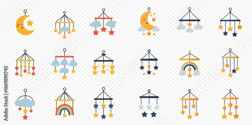 Collection of cute baby mobile designs featuring stars, moons, clouds, and rainbows.