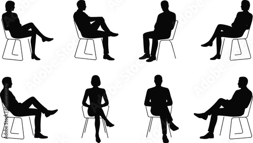 Silhouettes of men and women sitting on chairs, casual seated pose, people resting, black vector illustration for office, meeting, or waiting concept.