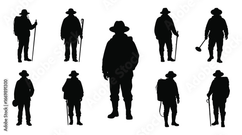 Silhouette of hikers and travelers with backpacks and hats, isolated on white background, showcasing adventure and outdoor travel experiences