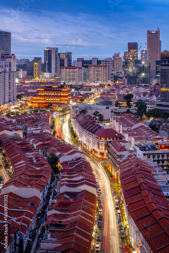 Aerial view of Chinatown, Singapore. Beautiful night scene of Singapore.