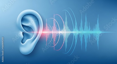 A detailed representation of an ear receiving sound waves, showcasing the concept of sound perception.