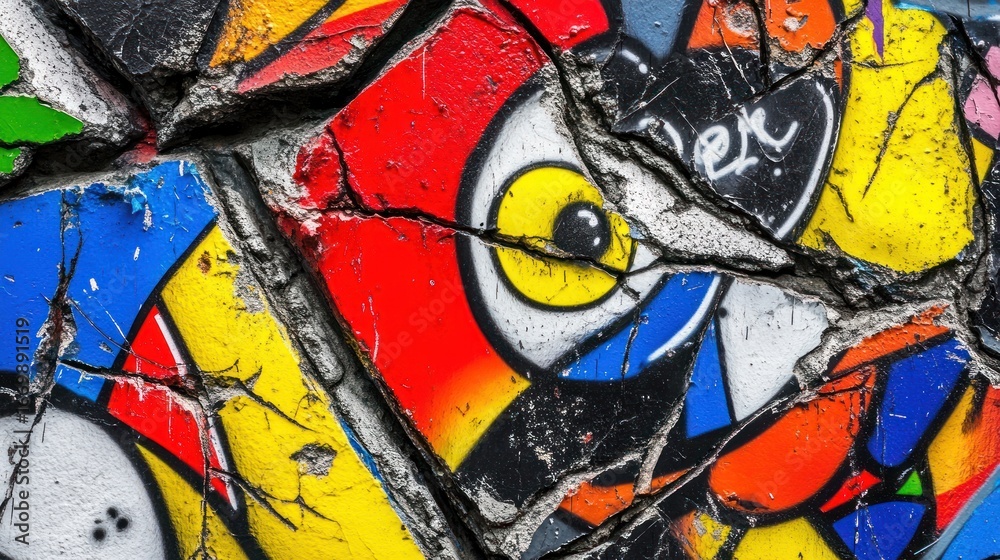 Obraz premium Vibrant Urban Art: A Colorful Graffiti Composition on Cracked Concrete Wall