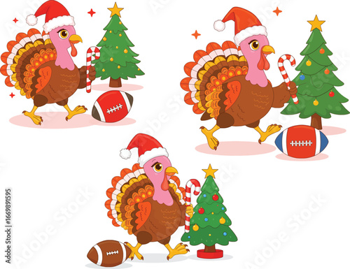 Cute cartoon turkeys celebrating Christmas and Thanksgiving together illustration