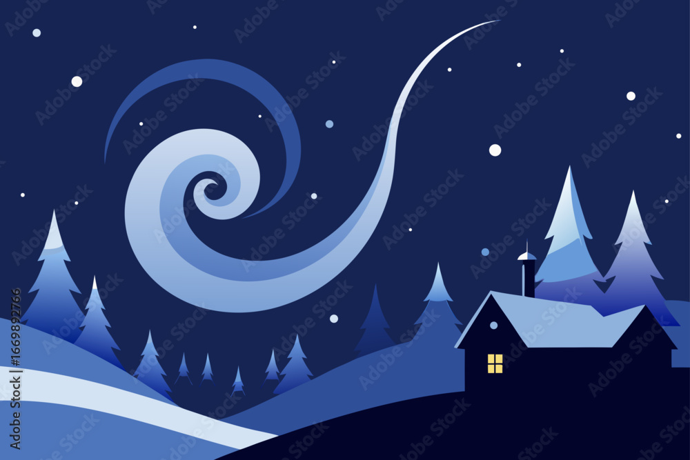 Fototapeta premium A beautiful winter landscape illustration with a cozy village house scene under a snowy night sky