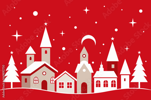 Cartoon vector Christmas town illustration with a castle and snowy houses, perfect for a magical holiday card design